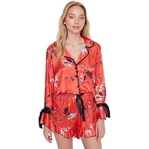 Trendyol Ensemble de pyjama court et chemise tissée fine pour femme Motif floral, Rouge, 62
