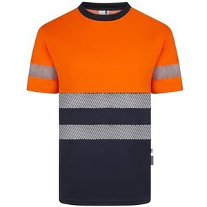 VELILLA 305633 tweekleurig gerecycled polyester T-shirt met korte mouwen en gesegmenteerd lint, marineblauw en neonoranje, maat S, marineblauw en neonoranje, S, marineblauw/fluorescerend oranje