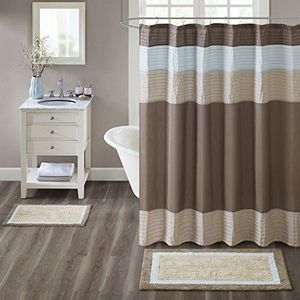 Madison Park Amherst Badmat van 100% katoen, zeer zacht, antislip, absorberend, sneldrogend, 50 x 76 cm, bruin/blauw