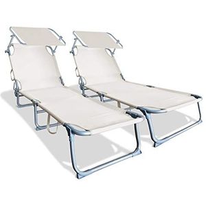 VOUNOT Zonneligstoel met zonnescherm, opvouwbaar ligbed met parasol, polyester kantelbaar ligbed, maximale belasting 110 kg, verstelbaar zonneligbed, beige, 2 stuks