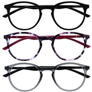 OPULIZE Met MMM60-157 -2.00 Lot de 3 paires de lunettes de vue fines et rondes avec charnières à ressort résistantes aux rayures Noir Violet Transparent Gris Homme Femme