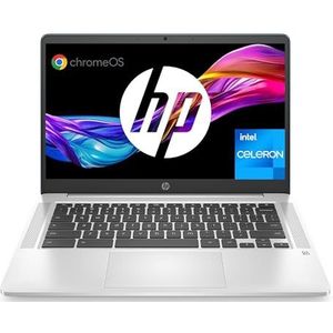 HP Chromebook 14a-na0025ns - 14 inch Full HD laptop (Intel Celeron N4120, 8 GB RAM, 128 GB eMMC, Intel UHD Graphics 600, ChromeOS), zilver, Spaans QWERTY-toetsenbord