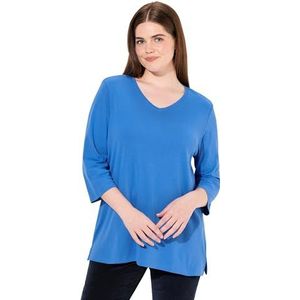 Ulla Popken Shirt, Rippjersey, V-hals, 3/4-arm, Biobaumwolle T-shirt voor dames, Blauwe bloemen.