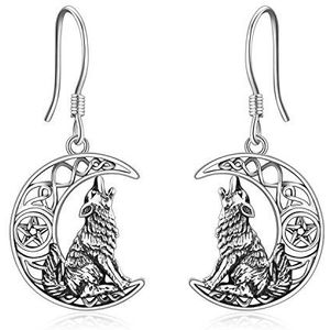 YFN Sterling zilveren wolf-oorbellen met Keltische knoop en maan, sterling zilver, Sterling zilver, Geen edelsteen