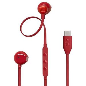 JBL Tune 305C, Hi-Res bedrade hoofdtelefoon, JBL Pure Bass Sound, USB-C-aansluiting, knoopvrije platte kabel, afstandsbediening met drie knoppen met microfoon, rood