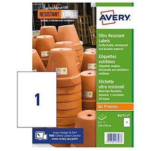 Avery B4775-5 etiketten, zeer resistent, wit (vel A4, 210 x 297 mm, 5 etiketten)