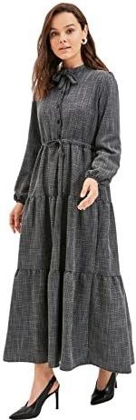 Trendyol Meerlagiges, Geweven jurk met zwarte veters, casual jurk voor dames, Kleur: roze, 38