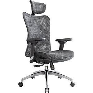 Sihoo Bureaustoel, ergonomische bureaustoel, hoge rugleuning, ademend, huidvriendelijk, van mesh, verstelbare stoel, 3D-armleuning en lendensteun (grijs)