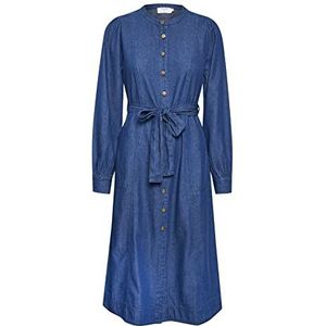 Cream Women's Midi Dress Denim Tie Waist Long Sleeve Button Front Casual Dames Donkerblauw Denim, 44, donkerblauw denim