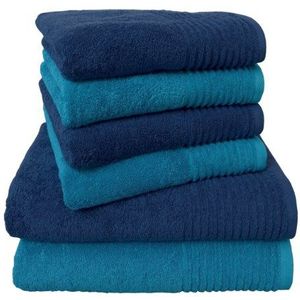 Dyckhoff Glanzende handdoekenset, 100% katoen, blauw/turquoise, 4 x handdoek + 2 x kussenslopen