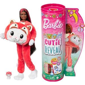 Barbie Cutie Reveal Set met beweegbare pop, zwart haar, rode strengen, panda-kitten, 10 verrassingen en accessoires inbegrepen, om te verzamelen, speelgoed voor kinderen, vanaf 3 jaar, HRK23