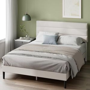 Zinus Piper Bed 140 x 200 cm, hoogte 30 cm, gevoerd bedframe met hoofdeinde, houten lattenbodem, geen boxspring nodig, crème, gebroken wit