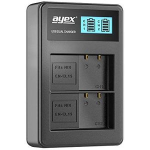 ayex Dual USB-oplader, compatibel met Nikon EN-EL15(B,C) batterijen, opladen via USB-stekker, laptop, powerbank of pc, lcd-display met laadindicator