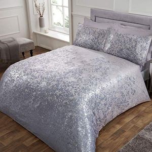 Sleepdown Beddengoedset met dekbedovertrek en kussenslopen, jacquard-bloemenpatroon, bladerpatroon, polyester, katoen, tweepersoonsbed (200 x 200 cm), zilver