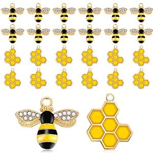 Prasacco 24 stuks bijen legering emaille strass bedels voor sieraden maken, oorbellen, sleutelhangers (12 bijen + 12 honingraat), metaal, strass, Metaal, Stras