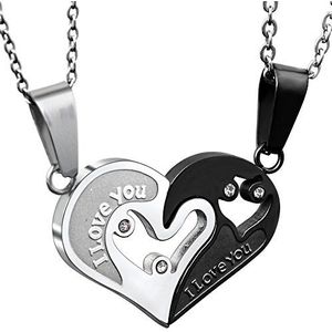 JewelryWe - 2 vriendschapskettingen van roestvrij staal met samengestelde hanger in hartvorm met gravure ""I Love You"", Roestvrij staal