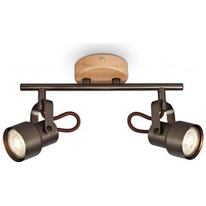 BRILONER - Retro LED plafondlamp met hout 2 lampen retro - kleurtemperatuur warm wit - LED-spots verstelbaar - plafondspot rustiek grijs - hout