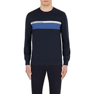 Armani Exchange Heren pullover van echt katoen - ronde hals - kleurblok op de voorkant - marineblauw (True Navy) - XXL, marineblauw (True Navy)
