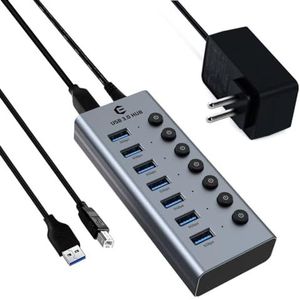 Tymyp USB 3.0-hub met voeding - Actieve USB-hub met 7 poorten met individuele aan/uit-schakelaars en 1 m lange kabel voor Surface, Chromebook, laptop, pc, HHD, SSD