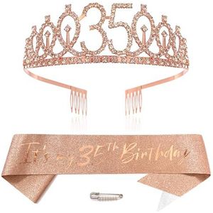 Roségouden tiara voor 35e verjaardag meisjes prinses kroon kristal diadeem verjaardag decoraties verjaardag tiara set verjaardag meisjes accessoires, Niet-Edelmetaal, Kubieke zirkonia