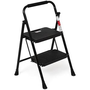 Mabel Home Opvouwbare 2-staps trapladder met antislip pedaal en breed, kleine ladder met handvat, robuuste stalen ladder, lichte en draagbare trapladder, zwart