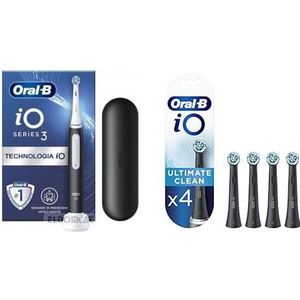 Oral-B iO Series 3 Elektrische Zahnbürste/Electric Toothbrush + 4 iO Ultimative Reinigung Aufsteckbürsten, 3 Putzmodi inkl. Sensitive Zahnpflege, Reiseetui, Designed by Braun, matt black