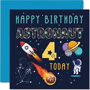 Verjaardagskaart 4 jaar verjaardagskaart ruimte-kosmos astronauten verjaardagskaart voor jongens en meisjes 4e verjaardag wenskaart voor zoon, dochter, nichtje, kleinkind, 145 mm x 145 mm
