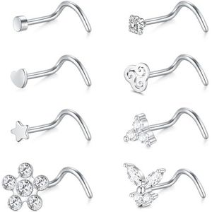 WillTen 8 stuks neusstud L-vorm, 20 g, chirurgisch staal, neus, zilver, zirkonia, neusring, labret, lip, neus, piercing, sieraden voor vrouwen en mannen