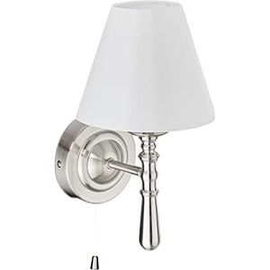 Relaxdays Wandlamp met lampenkap, trekschakelaar, voor hal en woonkamer, E14, stof, metaal, h x b x d x d 28 x 16 x 19 cm, zilver/wit