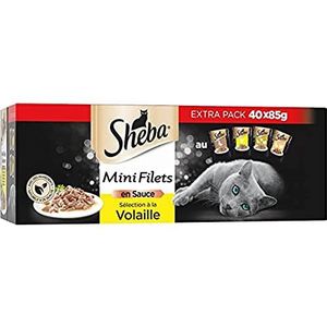 SHEBA Mini-netten – versheidszakjes in saus, selectie van gevogelte voor volwassen katten, 40 x 85 g