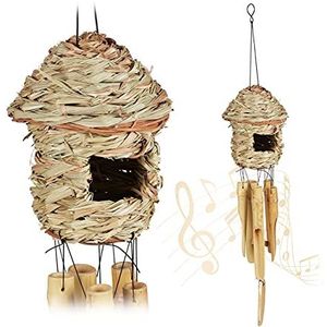 Relaxdays Windgong van bamboe en stro voor binnen en buiten, vogelhuisje, geluidsbel, 67,5 x 13,5 cm (h x d), naturel