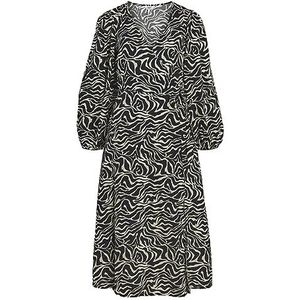 Object Objleonora L/S Wrap Midi Dress Noos jurk, zwart/Aop: Sandshell Animal, 36, Zwart/Aop: Sandshell Animal
