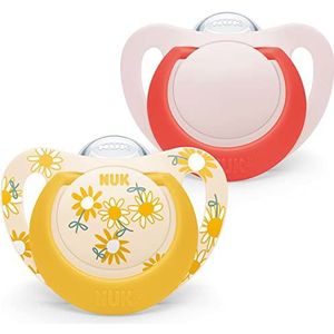 NUK Star fopspeen van siliconen, BPA-vrij, voor baby's van 18 tot 36 maanden, motief gele bloemen, 2 stuks