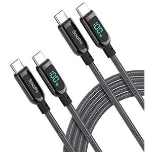 SOOPII USB C naar USB C-kabel 1,2 m 100 W nylon gevlochten kabel type C kabel met LED-display voor iPad Air/lPad Pro, MacBook Pro, Samsung Galaxy S23/S21/S10/S9/Plus (grijs)