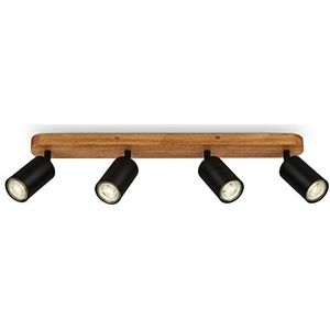 Briloner 2922-045 retro plafondlamp met hout, vintage plafondlamp met 4 vlammen, 4 x GU10 fitting, draaibare led-spot, rustieke plafondspot, zwart-hout, 550 x 60 x 85 mm