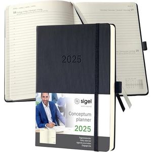 SIGEL Conceptum C2510 Agenda journalier 2025, format A5, noir, couverture rigide, 400 pages, élastique, passant pour stylo, pochette d'archive, certifié PEFC, Conceptum
