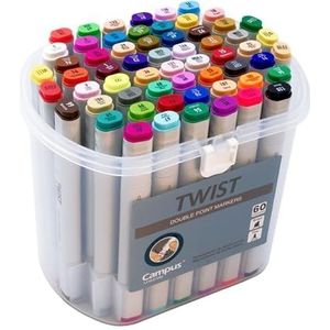 Campus Twist Marker, dubbele punt, alcoholmarkers, markers met ronde punt 2 mm en afgeschuinde punt 5 mm, permanente marker voor alle oppervlakken, met koffer met handvat (60 kleuren)