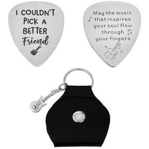 Set van 2 gepersonaliseerde gitaarplectrums met zwart leren etui en gitaarsleutelhanger, rockmuziekcadeau, metalen sleutelhanger, muziekcadeau voor muziekliefhebbers, 30 x 25 mm,, Roestvrij staal