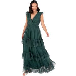 Anaya with Love Lange damesjurk - Korte mouwen - V-hals - Ruches - Tule - Voor bruiloftsgasten, bruidsmeisje, eindejaarsbal, smaragdgroen - Maat 44, smaragdgroen, 44, Emerald Groen, 44