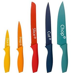 MasterChef Messenset, keukenmessenset incl. koksmes, groentemes, schilmes, snijmes & broodmes, scherpe roestvrijstalen messen, anti-aanbaklaag, soft-touch handgrepen, 5-delig, multicolor