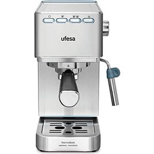 UFESA CE8020 Capri koffiezetapparaat Espresso en Capuccino, 20 bar, 1350 W, thermobloksysteem, stoomsproeier, 2 modi: Café Moulu of Pads, tank 1,4 l, 1 of 2 kopjes, automatische uitschakeling, roestvrij staal