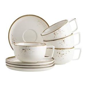 MÄSER Serie Pintar 8-delige set koffiekopjes voor 4 personen met licht email, bruine visuele vlekken en fijne rand, handgemaakte vintage look, porselein