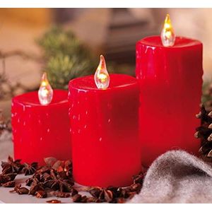 Hellum Led-waskaarsen, 3 stuks, 6,5 cm x 6,5 + 9,5 + 12,5 cm hoog, led-kaarsen met rode vlam, kaarsen met stekker, led-kerstverlichting, led-decoratie, echte was 571929