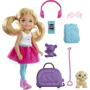 Barbie Voyage mini poppenChelsea Blonde, met hond, reistas en accessoires, kinderspeelgoed, FWV20