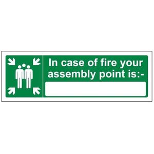 VSafety In Case of Fire Your Assembly Point Is: Sign – liggend formaat – 300 mm x 100 mm – vinyl sticker