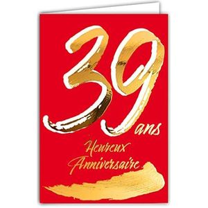 Afie 69-2439 verjaardagskaart, 39 jaar, goudkleurig, glanzend, reliëf, gestructureerd, voor heren en dames – kleurrijke teksten binnen geschikt – envelop – gemaakt in Frankrijk – Colorage