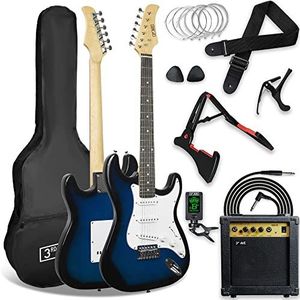 3rd Avenue Xf Ultimate Elektrische gitaar, 4/4 standaardgrootte, met versterker 10 W, digitaal stemapparaat, jack, standaard, hoes, riem, reservesnenset, plectrums en capodaster, blauw