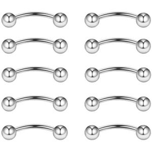 Gojewen 10 stuks gebogen barbells voor wenkbrauwen, lippen, rook, helix, tragus, brug, piercing, buik, piercing, 16 g, roestvrij staal, 6 mm, 8 mm, 10 mm, Metaal