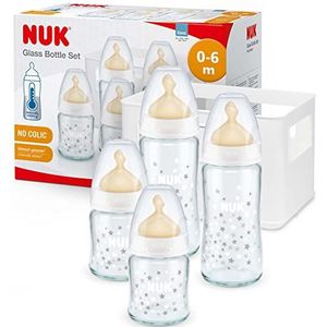 NUK First Choice+ Glazen latexflessen starterset 0-6 maanden 4 flessen met temperatuurregeling en flessenbox anti-koliek luchtsysteem BPA-vrij 5 stuks