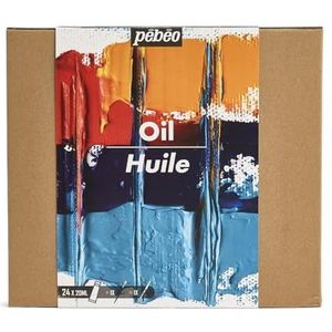 Pébéo - Studio olie XL - Set van 24 tubes van 20 ml verschillende kleuren + accessoires - Olieverfset voor kunstenaars en beginners - penselen + spatel + canvas karton - Lichtkleuren